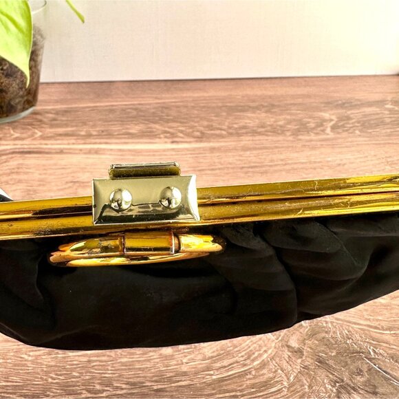 Vintage Black Satin Evening Purse with Gold-Tone Frame & Snap Closure - Picture 10 of 11